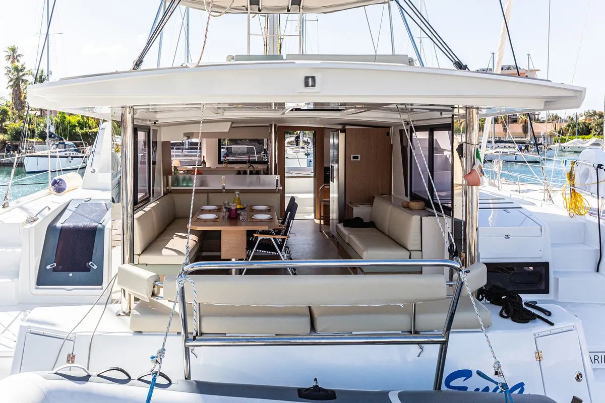 Deck of Enea, a Bali 4.6 catamaran at Tonnarella, Italy