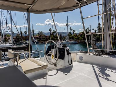 Cockpit of Enea, a Bali 4.6 catamaran at Tonnarella, Italy
