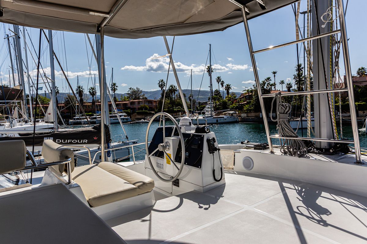 Cockpit of Enea, a Bali 4.6 catamaran at Tonnarella, Italy