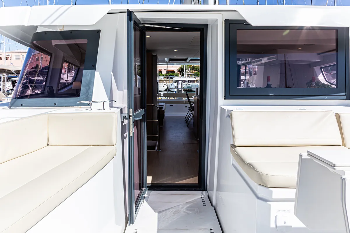 Deck of Enea, a Bali 4.6 catamaran at Tonnarella, Italy