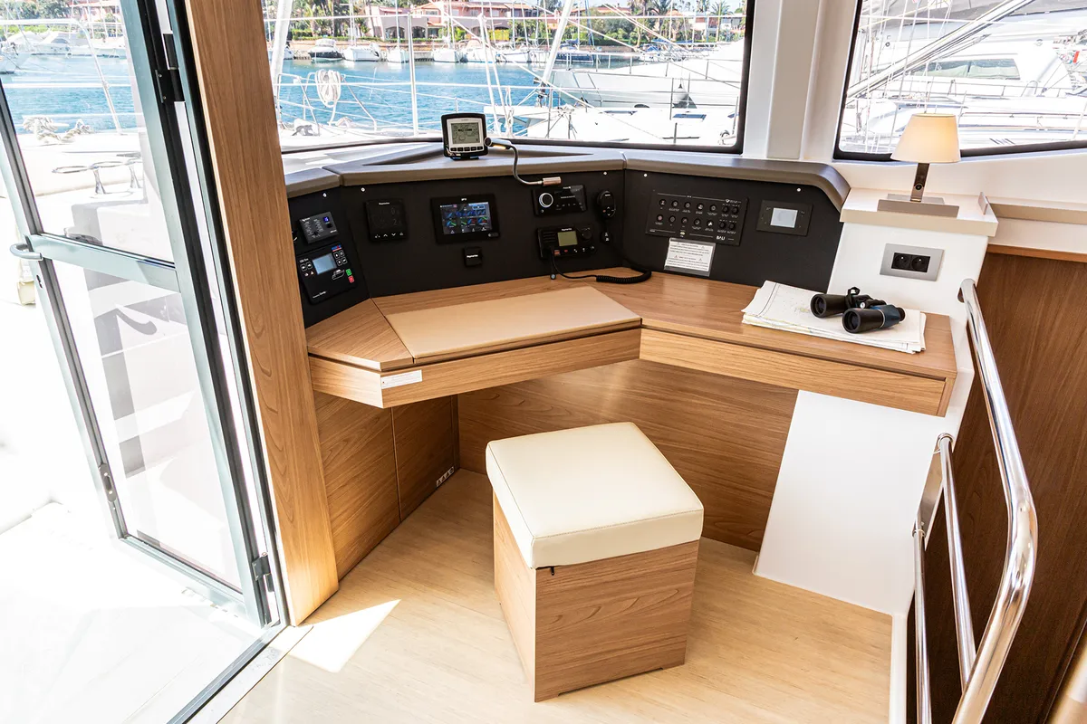 Cockpit of Enea, a Bali 4.6 catamaran at Tonnarella, Italy