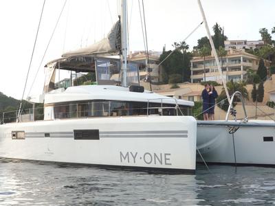 Exterior view of My One, a Lagoon 52 F catamaran at Cagliari, Italy