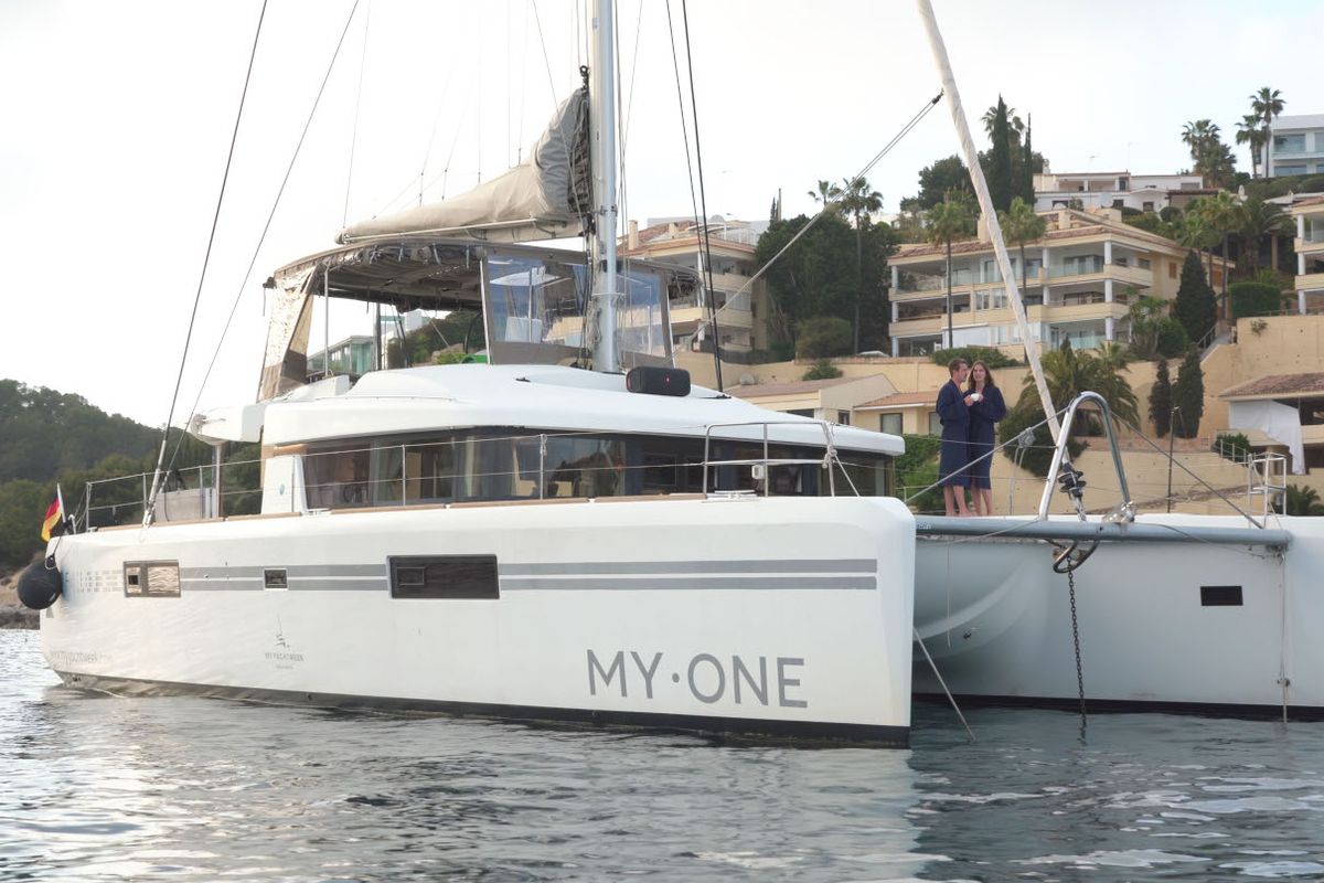 Exterior view of My One, a Lagoon 52 F catamaran at Cagliari, Italy