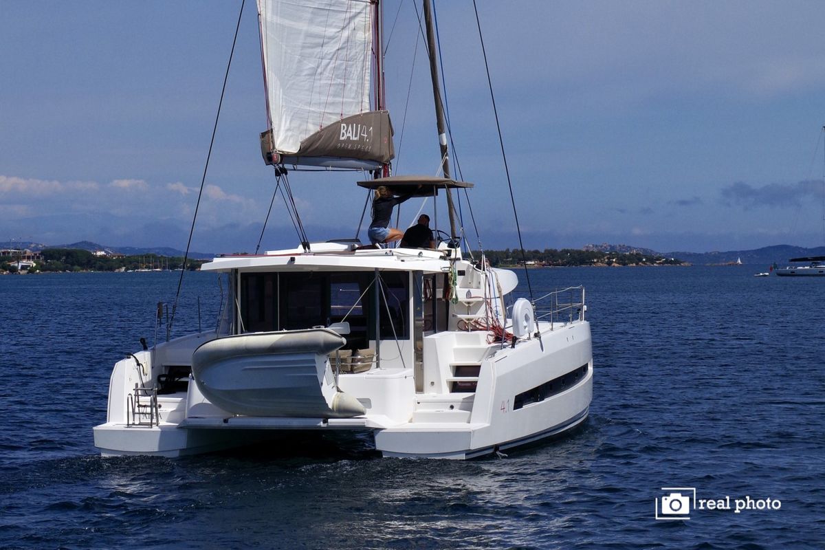 Exterior view of Dafne, a Bali 4.1 catamaran at Cannigione, Italy