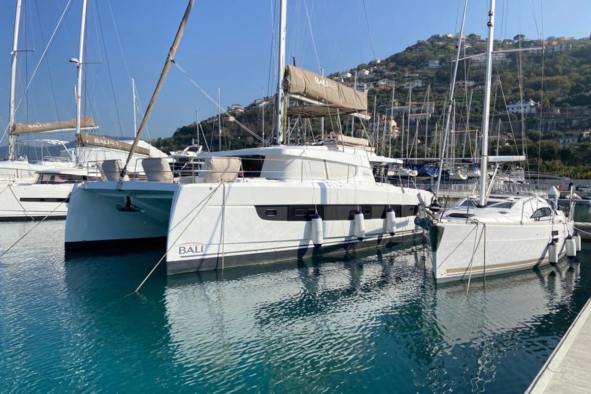 Exterior view of Terra, a Bali 4.8 catamaran at Olbia, Italy