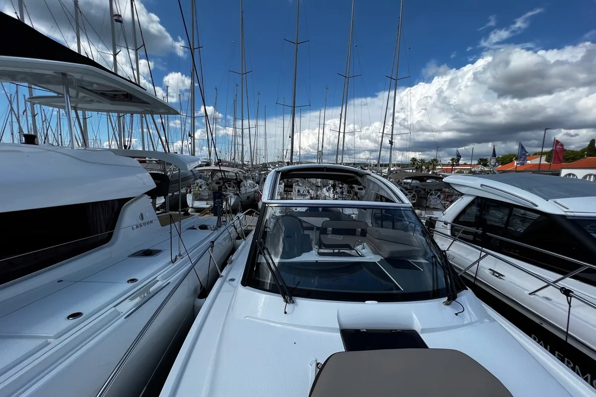 Exterior view of Rio, a Bavaria 33 Sport HT motorboat at Grad Biograd na Moru, Croatia