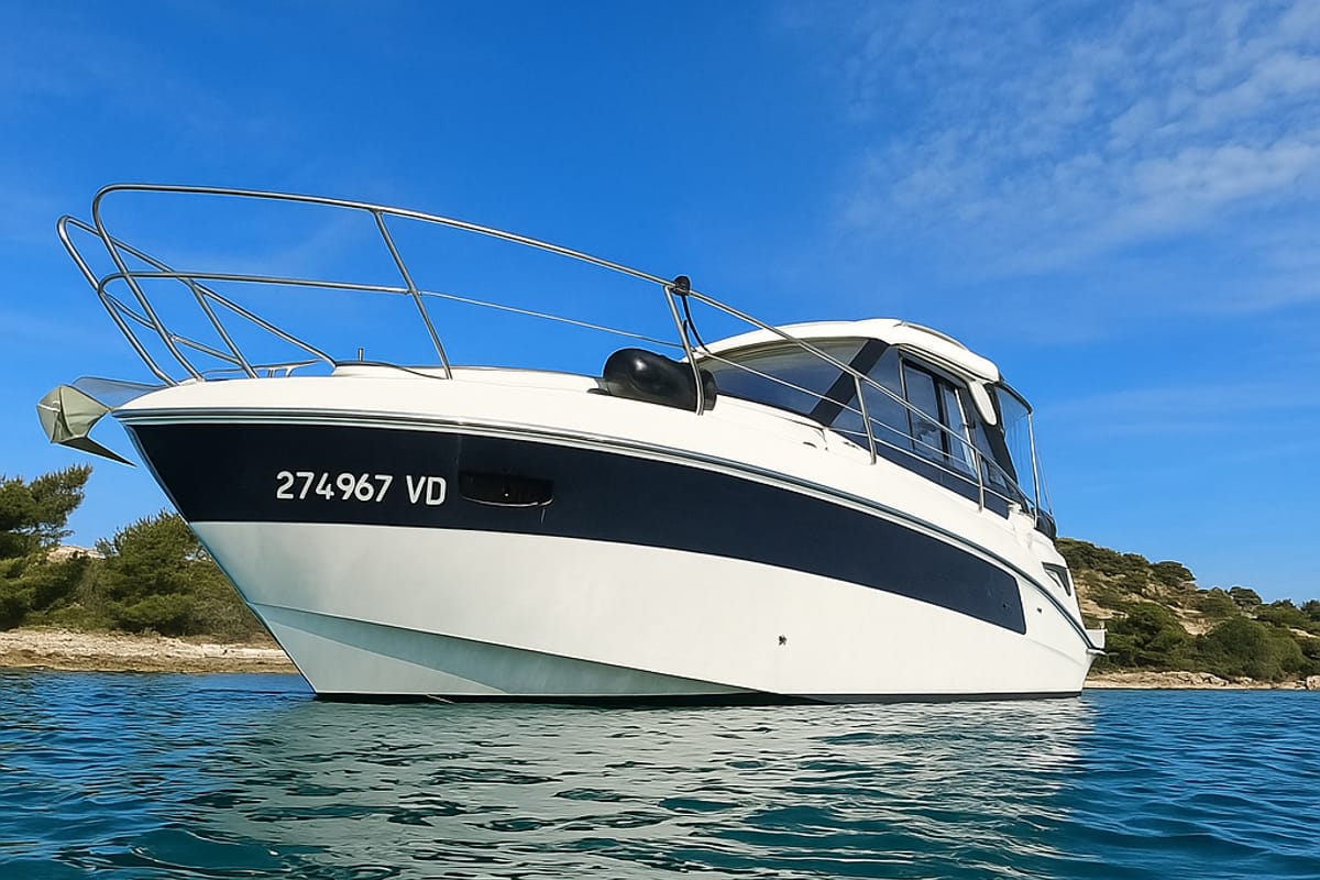 Exterior view of Rio, a Bavaria 33 Sport HT motorboat at Grad Biograd na Moru, Croatia
