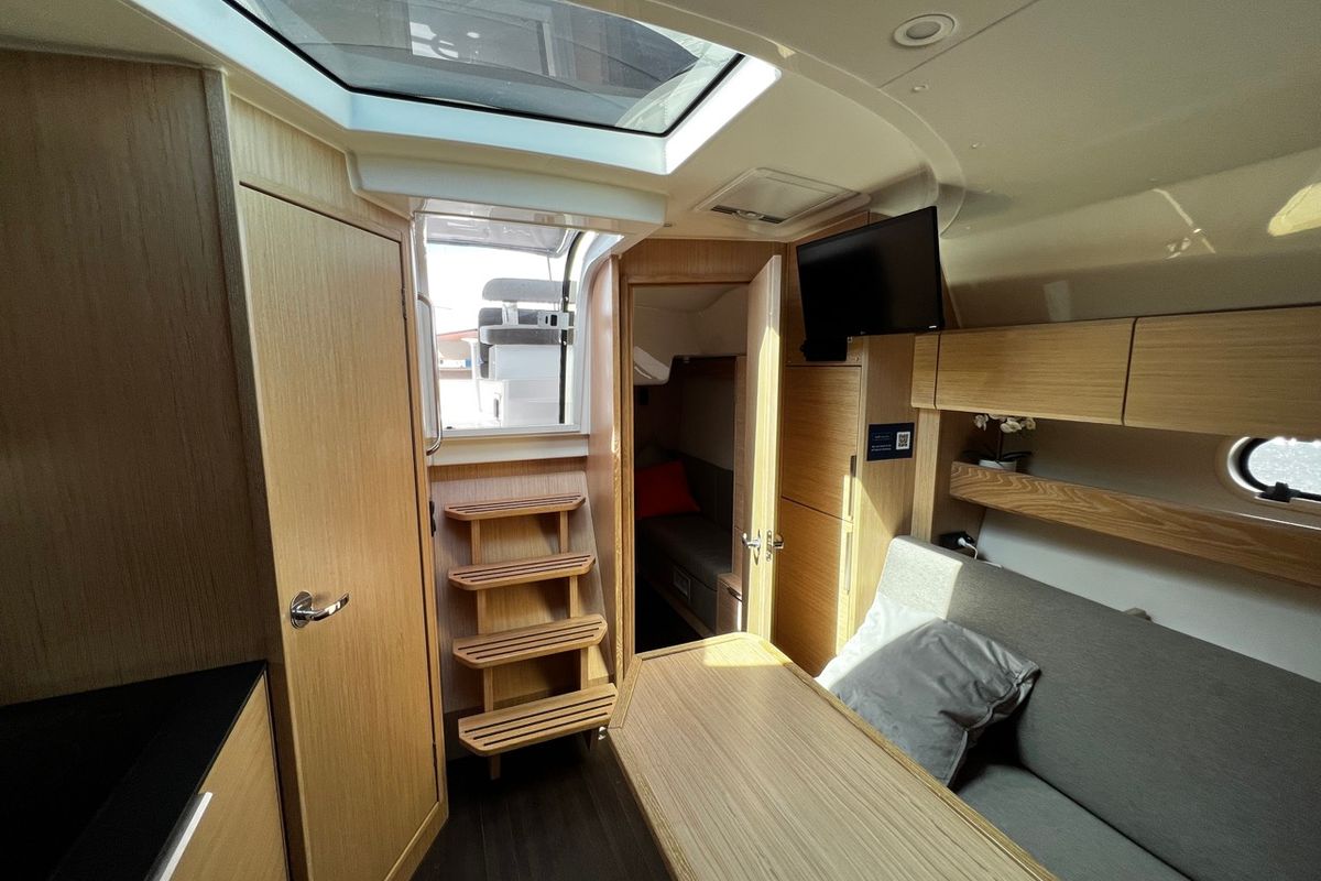 Salon of Rio, a Bavaria 33 Sport HT motorboat at Grad Biograd na Moru, Croatia