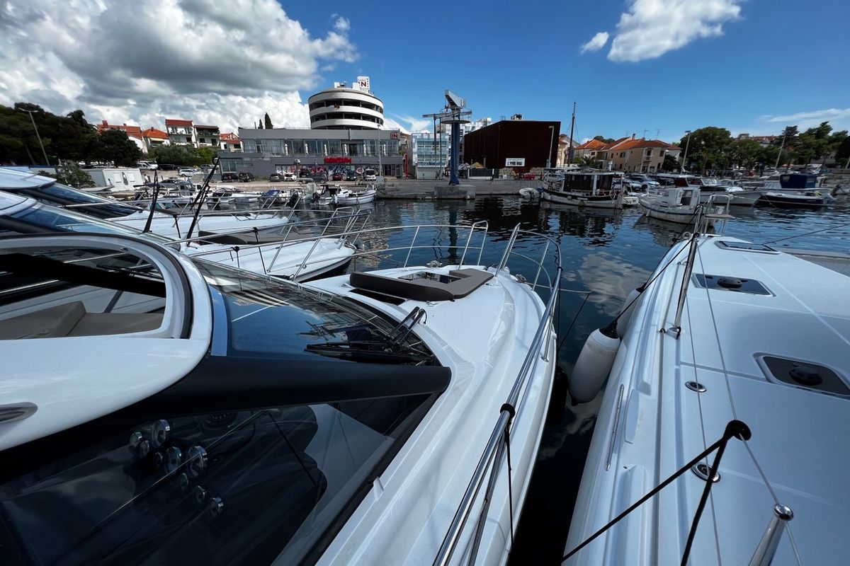 Exterior view of Rio, a Bavaria 33 Sport HT motorboat at Grad Biograd na Moru, Croatia