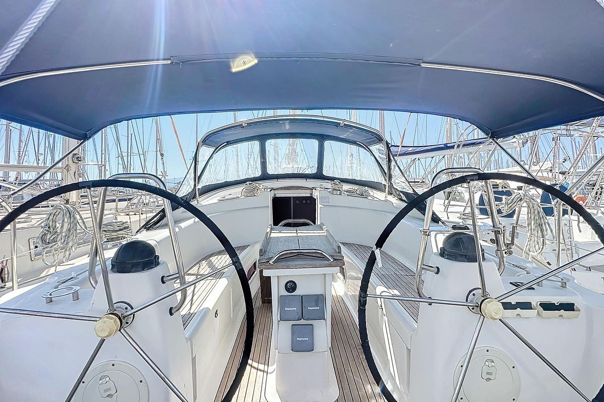 Cockpit of Okeanis, a Bavaria 42 sailboat at Athens, Greece