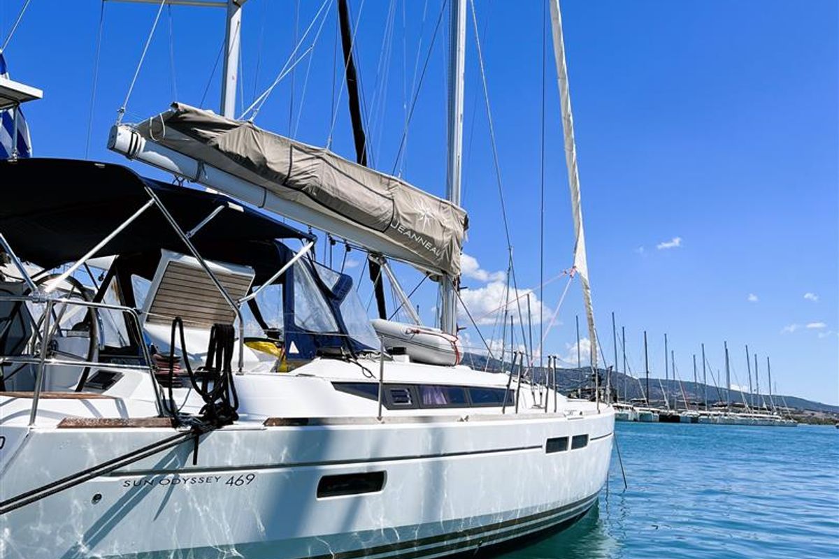 Exterior view of Scooby Doo, a Jeanneau Sun Odyssey 469 sailboat at Municipal Unit of Lefkada, Greece