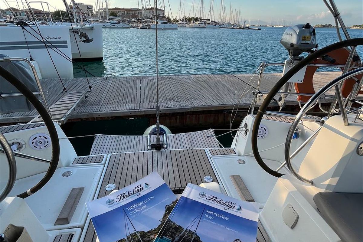 Cockpit of Scooby Doo, a Jeanneau Sun Odyssey 469 sailboat at Municipal Unit of Lefkada, Greece