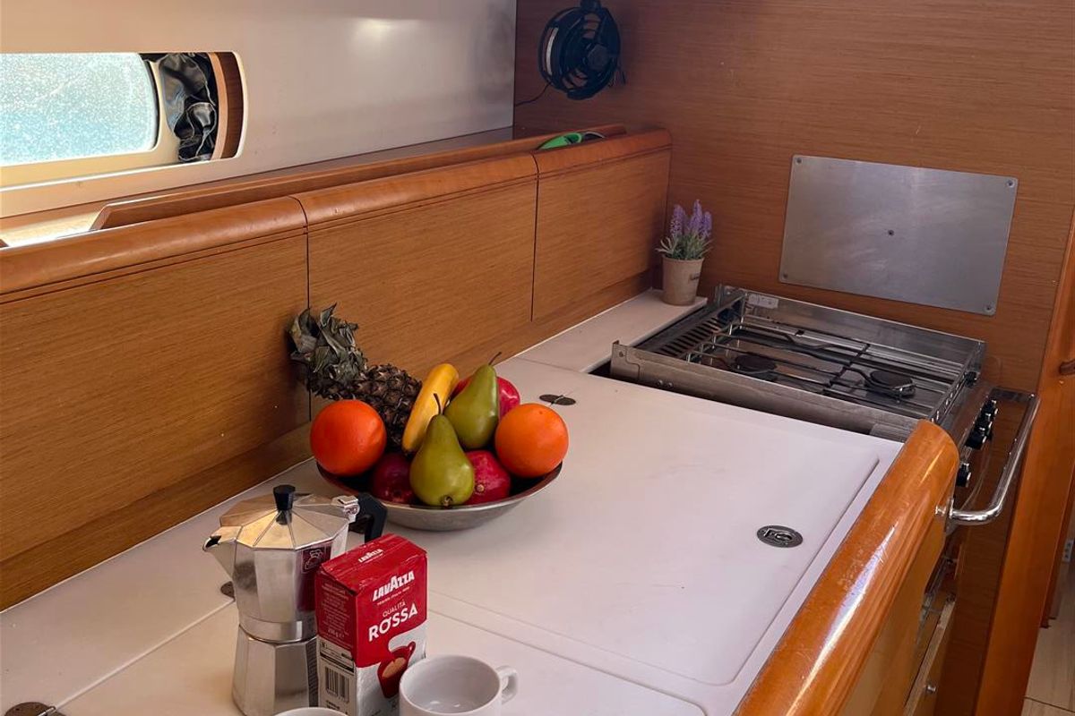 Galley of Scooby Doo, a Jeanneau Sun Odyssey 469 sailboat at Municipal Unit of Lefkada, Greece