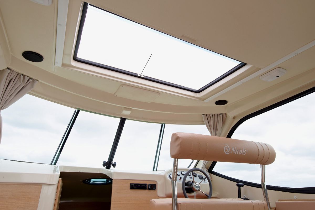 Cockpit of Solfège, a Nicols Sedan Primo motorboat at Sablé-sur-Sarthe, France