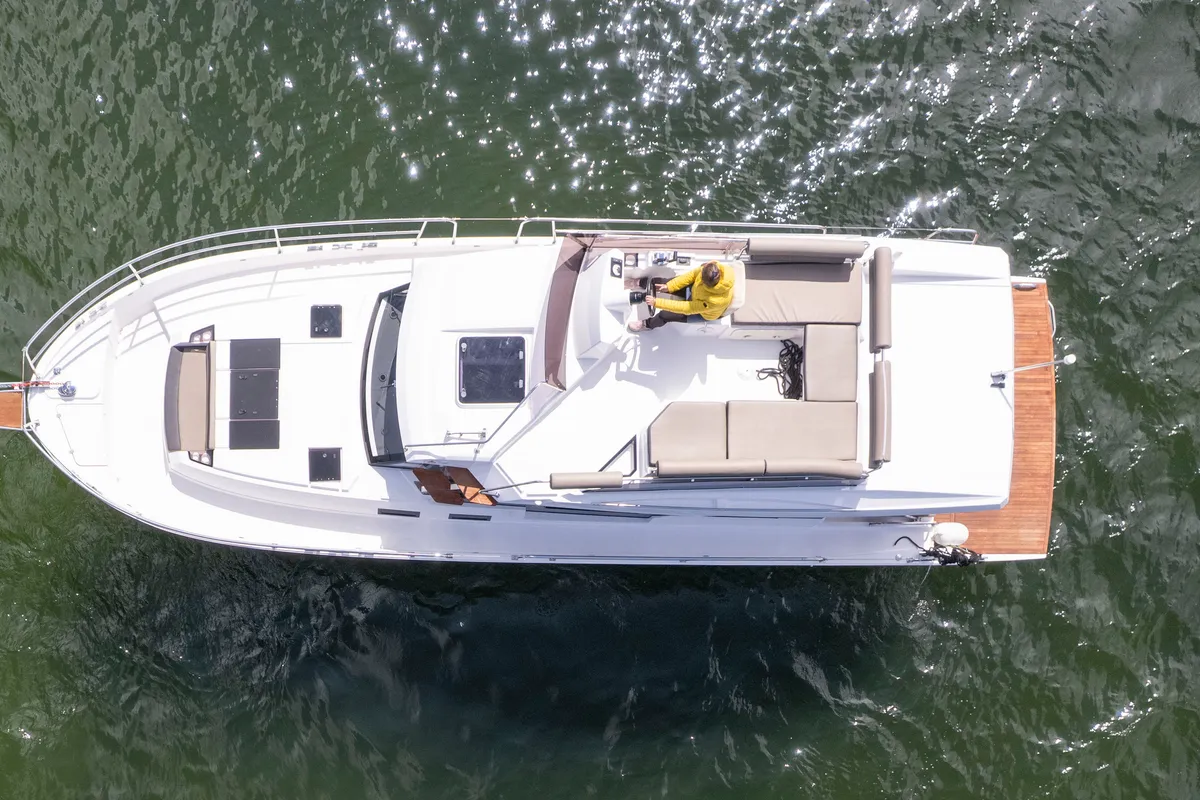 Deck of Sirina, a Northman 1200 motorboat at Sztynort, Poland
