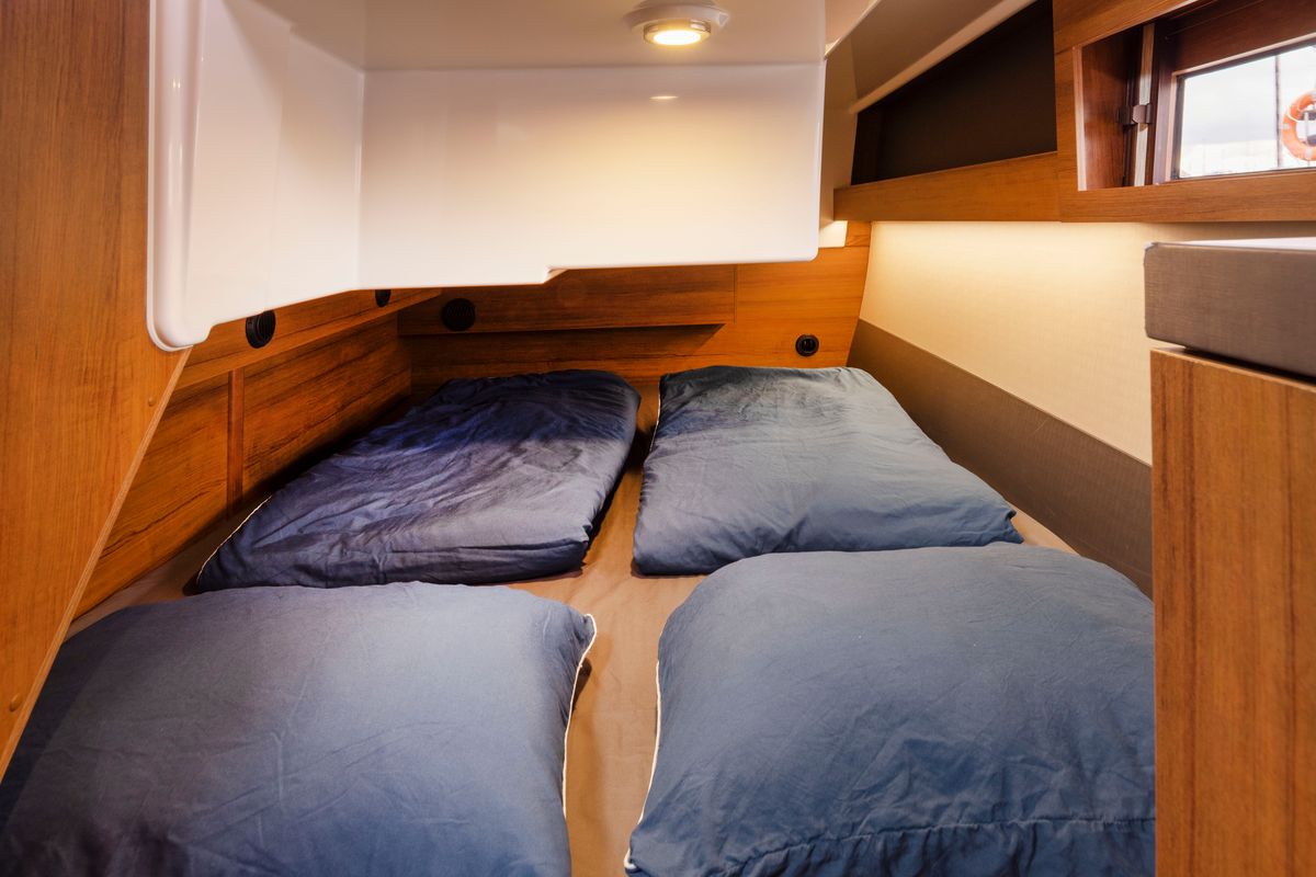 Cabin on Sirina, a Northman 1200 motorboat at Sztynort, Poland