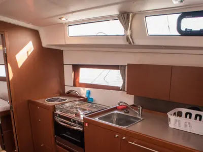 Galley of SIRINA "Sails 2025", a Beneteau Oceanis 38.1 sailboat at Municipal Unit of Nea Peramos, Greece