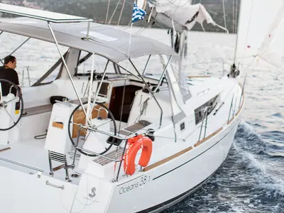 Cockpit of SIRINA "Sails 2025", a Beneteau Oceanis 38.1 sailboat at Municipal Unit of Nea Peramos, Greece