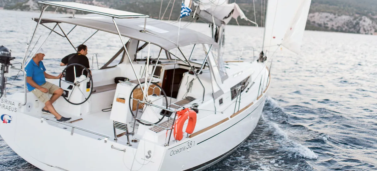Cockpit of SIRINA "Sails 2025", a Beneteau Oceanis 38.1 sailboat at Municipal Unit of Nea Peramos, Greece
