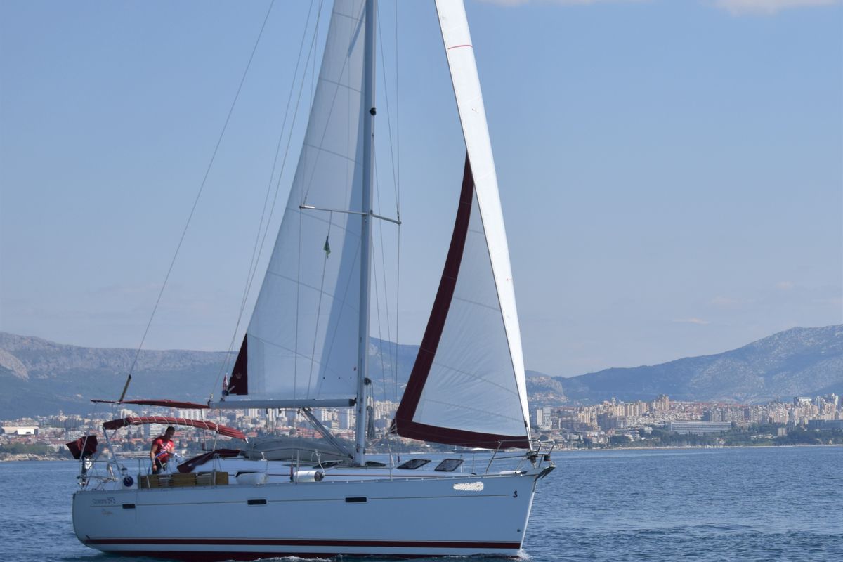 Exterior view of Škuribanda, a Beneteau Oceanis 393 sailboat at Split, Croatia