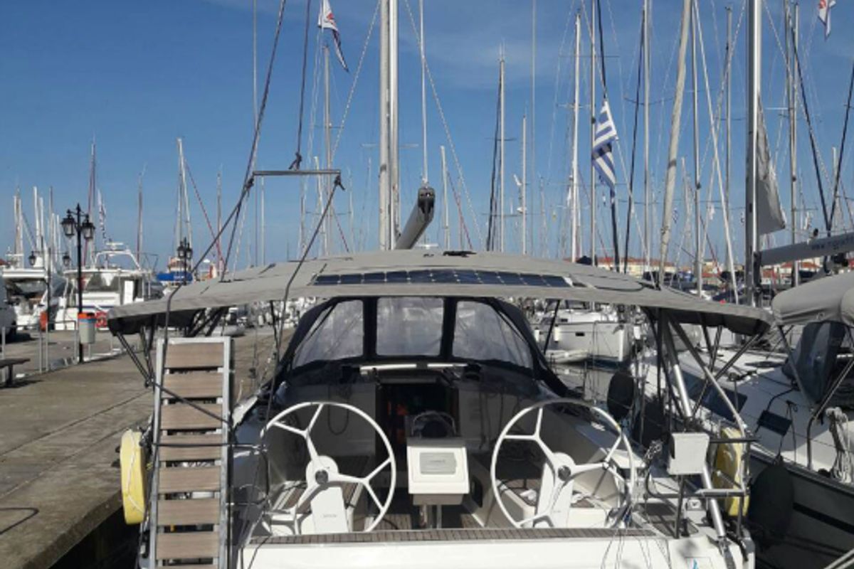 Cockpit of Quintessa, a Bavaria Cruiser 41 sailboat at Municipal Unit of Lefkada, Greece