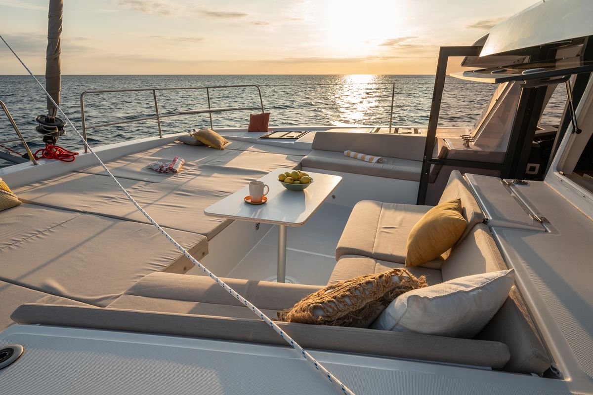 Deck of Esmeralda II, a Bali 4.4 catamaran at Saint-Mandrier-sur-Mer, France