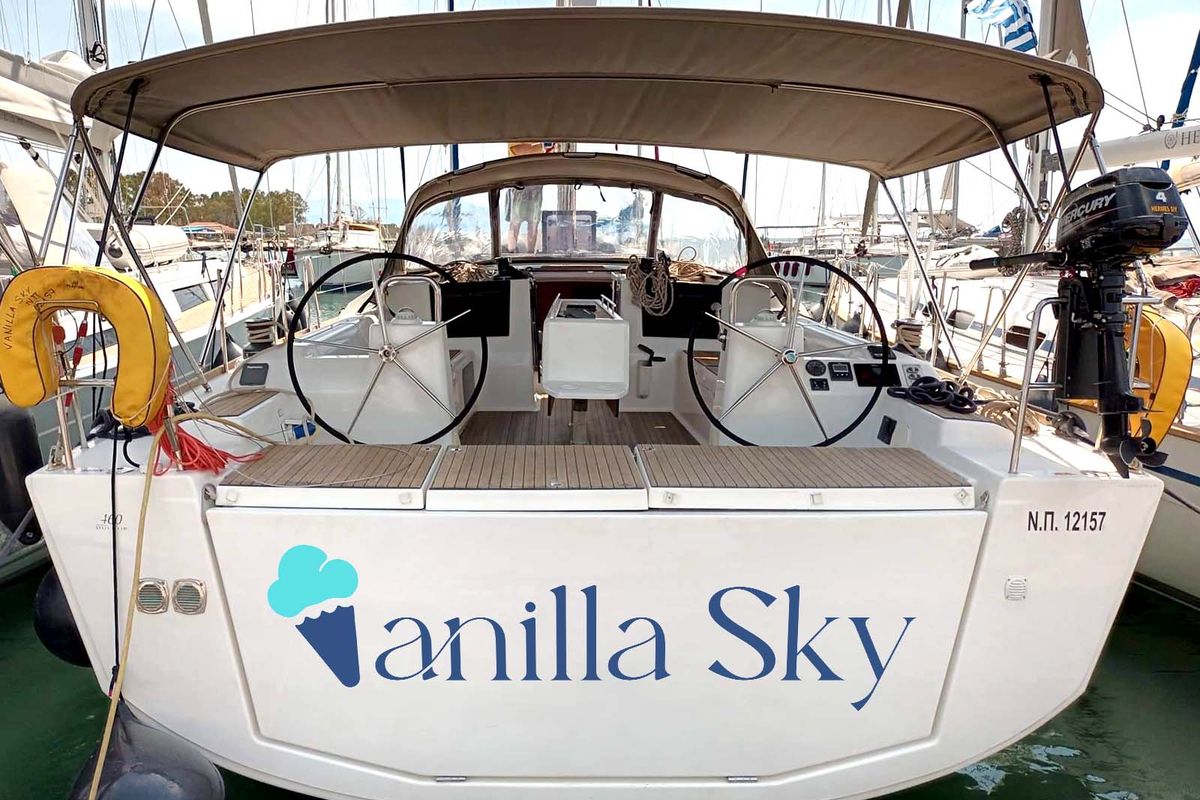 Exterior view of Vanilla Sky, a Dufour 460 GL sailboat at Lavreotiki Municipal Unit, Greece