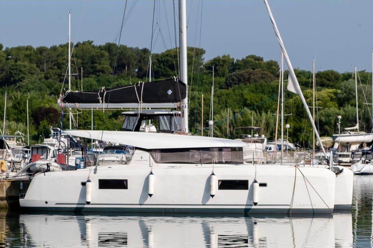 Exterior view of Marina 4, a Lagoon 42 catamaran at Skiathos, Greece