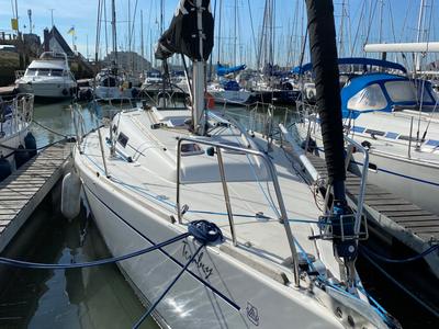Exterior view of Tomboy, a Dufour 34 sailboat at Nieuwpoort, Belgium
