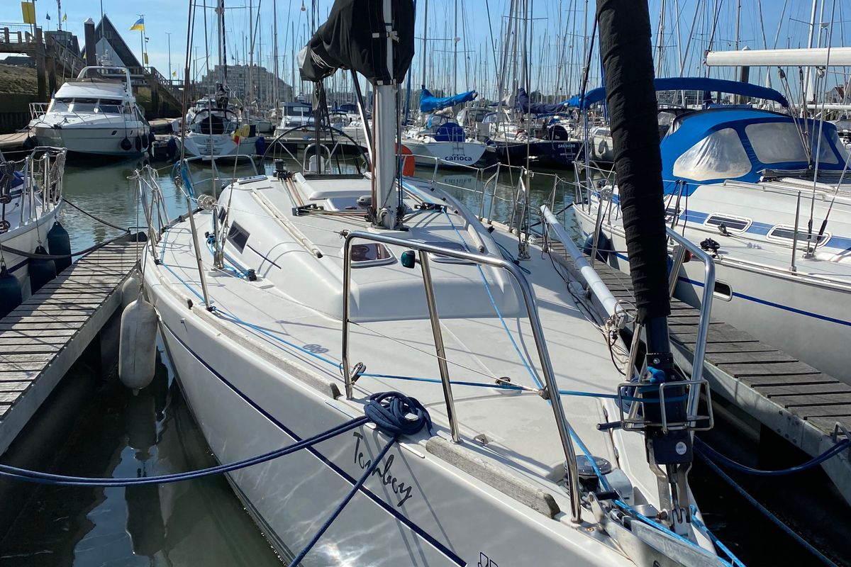 Exterior view of Tomboy, a Dufour 34 sailboat at Nieuwpoort, Belgium