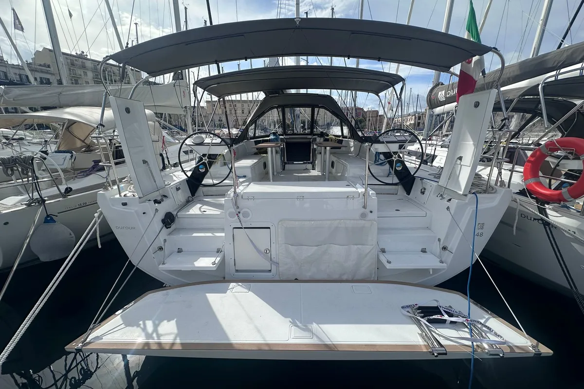Exterior view of Kalypso, a Dufour 48 sailboat at Palermo, Italy