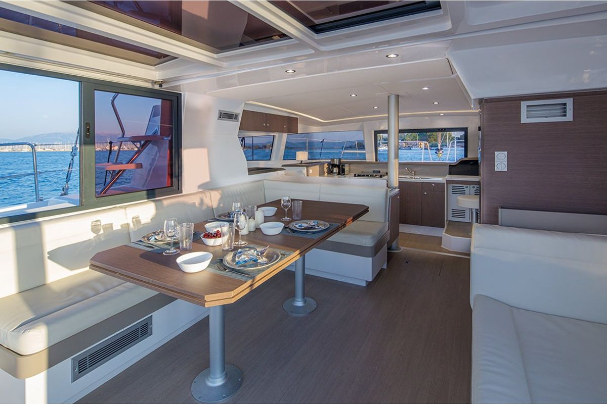 Salon of Paspartu, a Bali 4.1 catamaran at Municipal Unit of Anaktorio, Greece