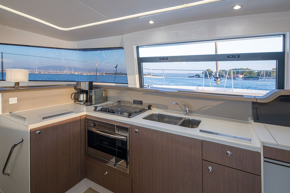 Galley of Paspartu, a Bali 4.1 catamaran at Municipal Unit of Anaktorio, Greece
