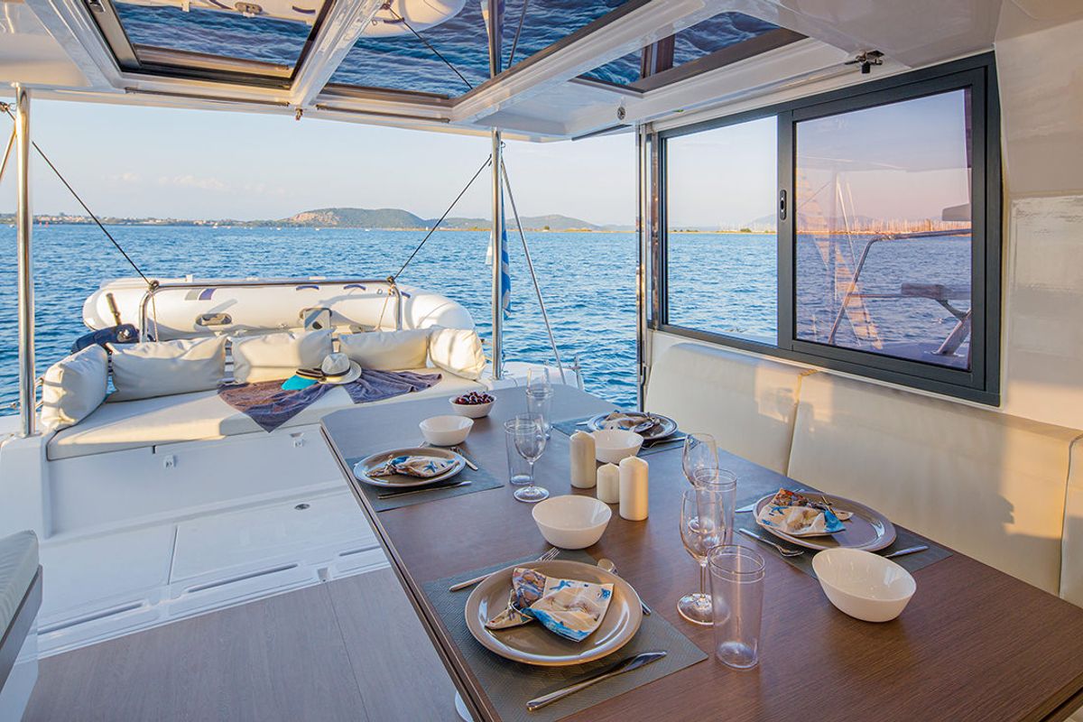 Deck of Paspartu, a Bali 4.1 catamaran at Municipal Unit of Anaktorio, Greece