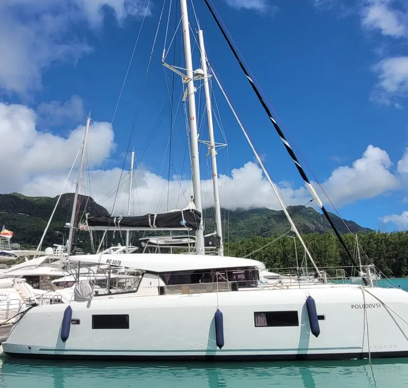 Exterior view of Best Love, a Lagoon 42 catamaran at Seychelles, Mahe, Seychelles
