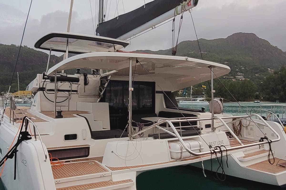 Exterior view of Best Love, a Lagoon 42 catamaran at Seychelles, Mahe, Seychelles