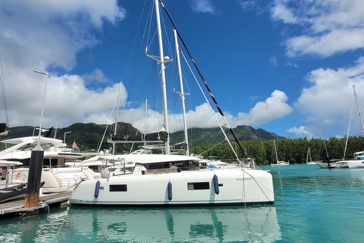 Exterior view of Best Love, a Lagoon 42 catamaran at Seychelles, Mahe, Seychelles