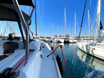 Deck of Luna Rossa, a Jeanneau Sun Odyssey 479 sailboat at Athens, Greece