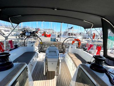 Cockpit of Luna Rossa, a Jeanneau Sun Odyssey 479 sailboat at Athens, Greece