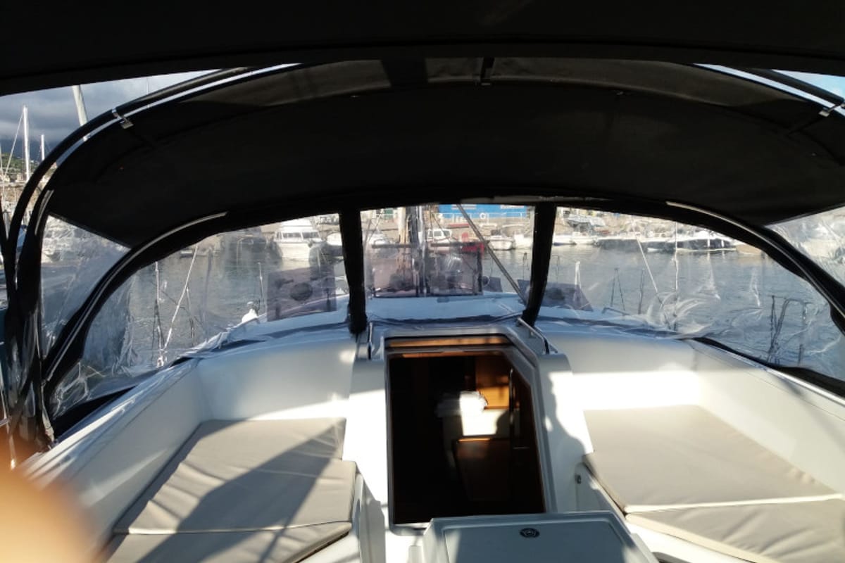 Deck of Zaniah, a Jeanneau 54 sailboat at Salerno, Italy