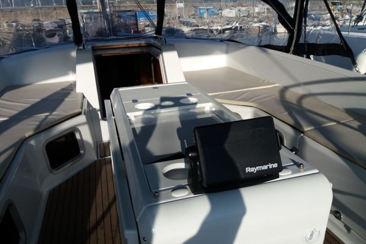 Cockpit of Zaniah, a Jeanneau 54 sailboat at Salerno, Italy