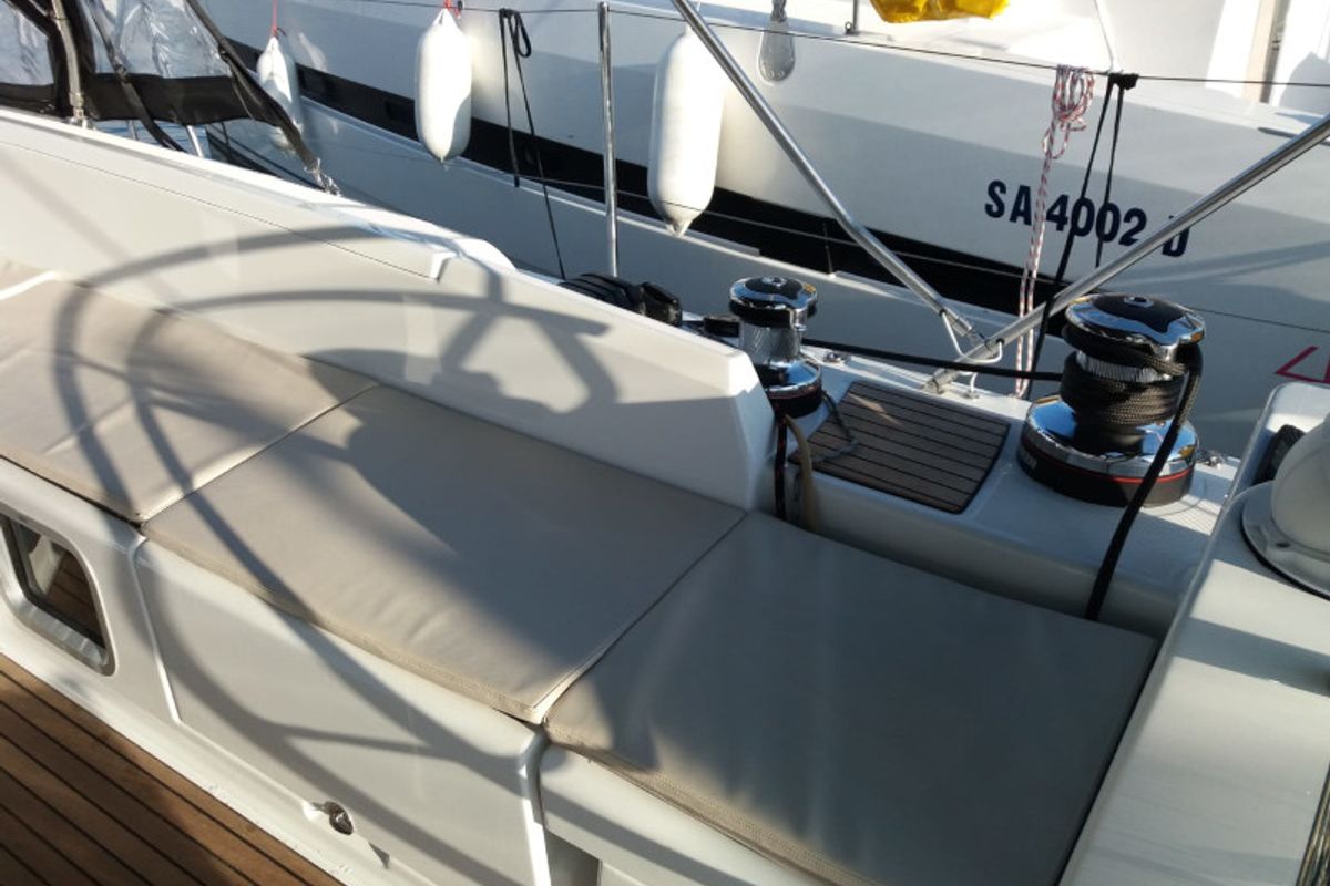 Deck of Zaniah, a Jeanneau 54 sailboat at Salerno, Italy