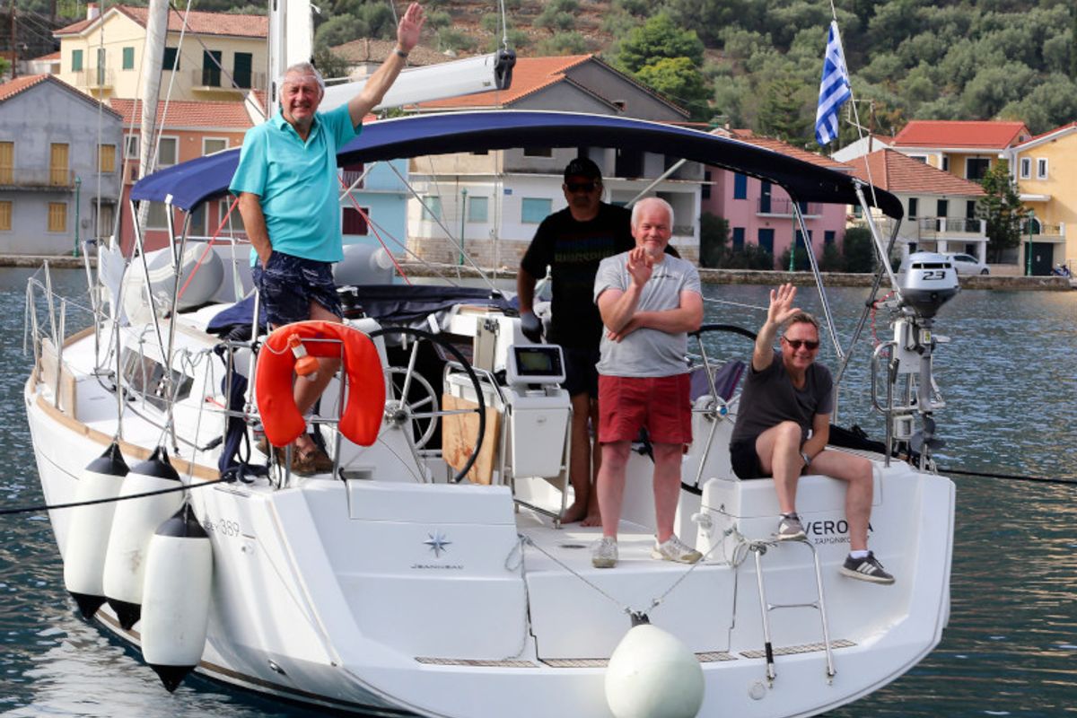 Exterior view of Verona, a Jeanneau Sun Odyssey 389 sailboat at Gouvia, Greece