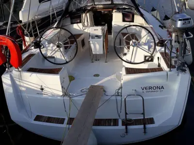 Cockpit of Verona, a Jeanneau Sun Odyssey 389 sailboat at Gouvia, Greece