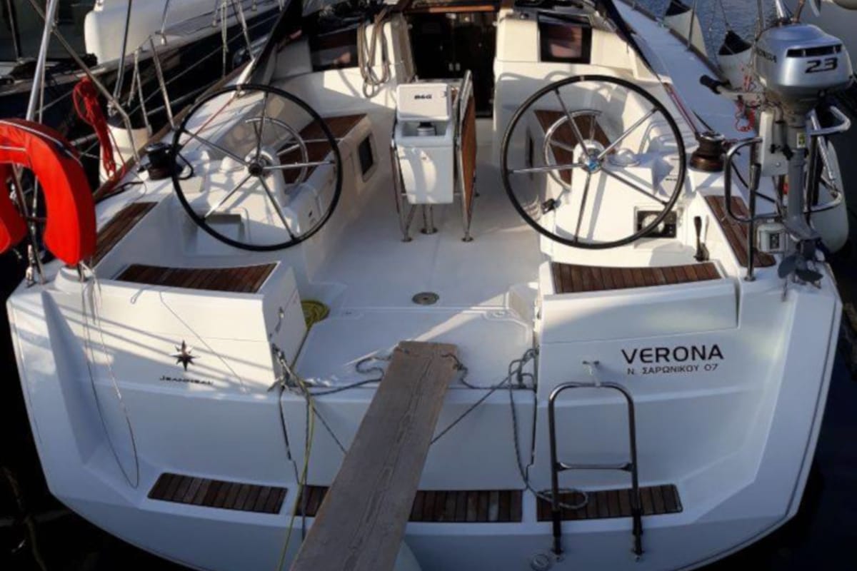 Cockpit of Verona, a Jeanneau Sun Odyssey 389 sailboat at Gouvia, Greece