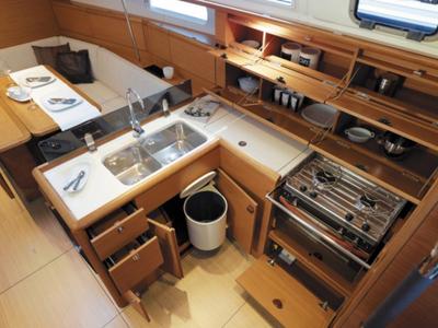 Galley of Verona, a Jeanneau Sun Odyssey 389 sailboat at Gouvia, Greece