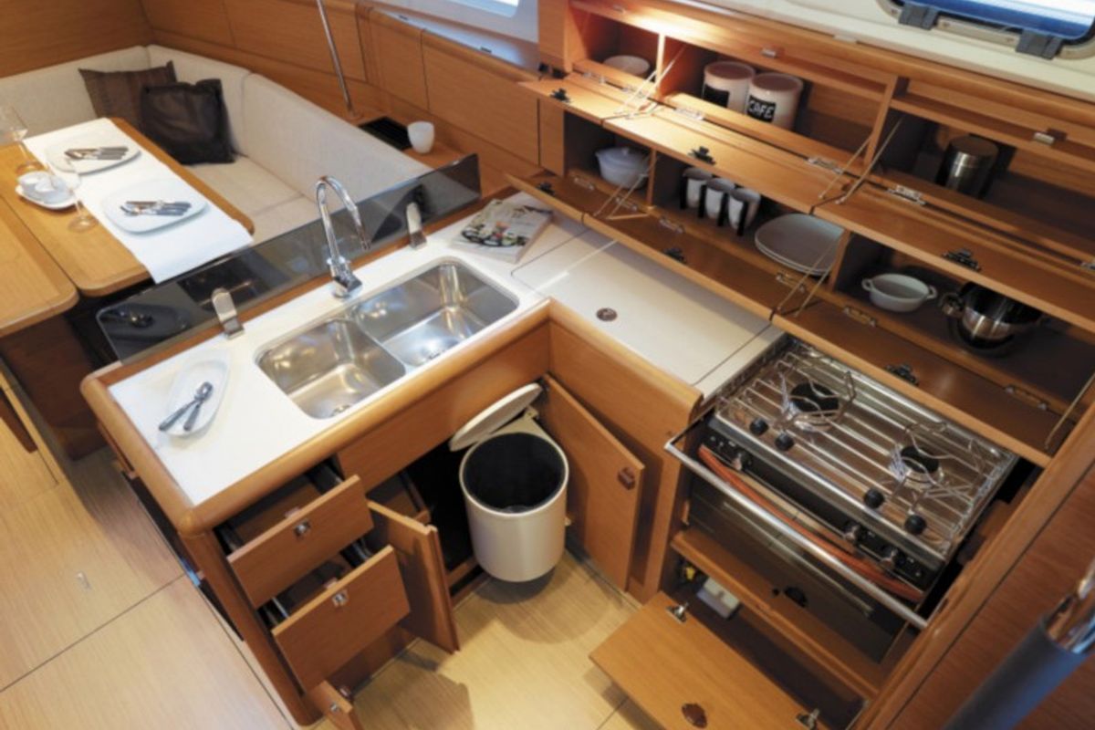 Galley of Verona, a Jeanneau Sun Odyssey 389 sailboat at Gouvia, Greece