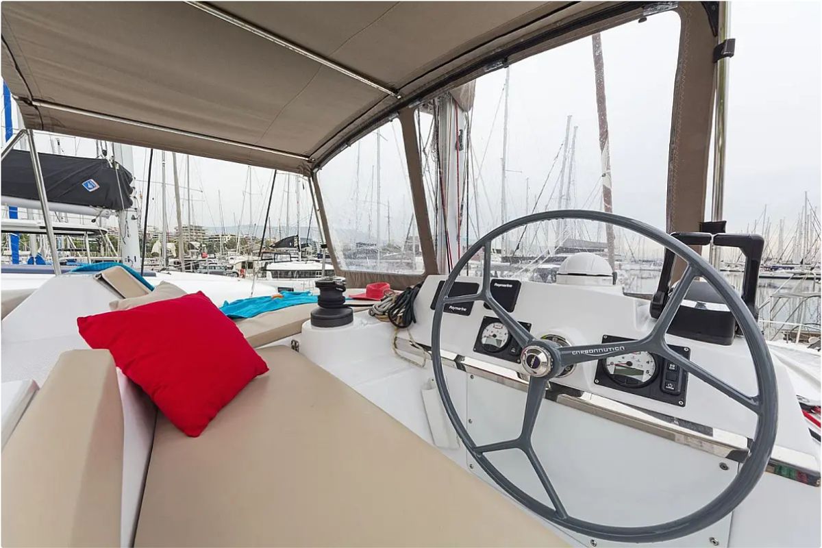 Cockpit of Golden Waters, a Bali 4.1 catamaran at Port of Avdira, Greece