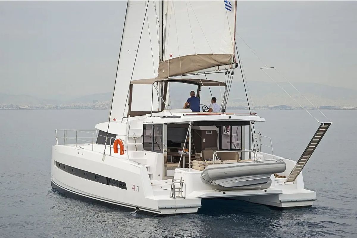 Exterior view of Golden Waters, a Bali 4.1 catamaran at Port of Avdira, Greece