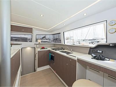 Galley of Golden Waters, a Bali 4.1 catamaran at Port of Avdira, Greece